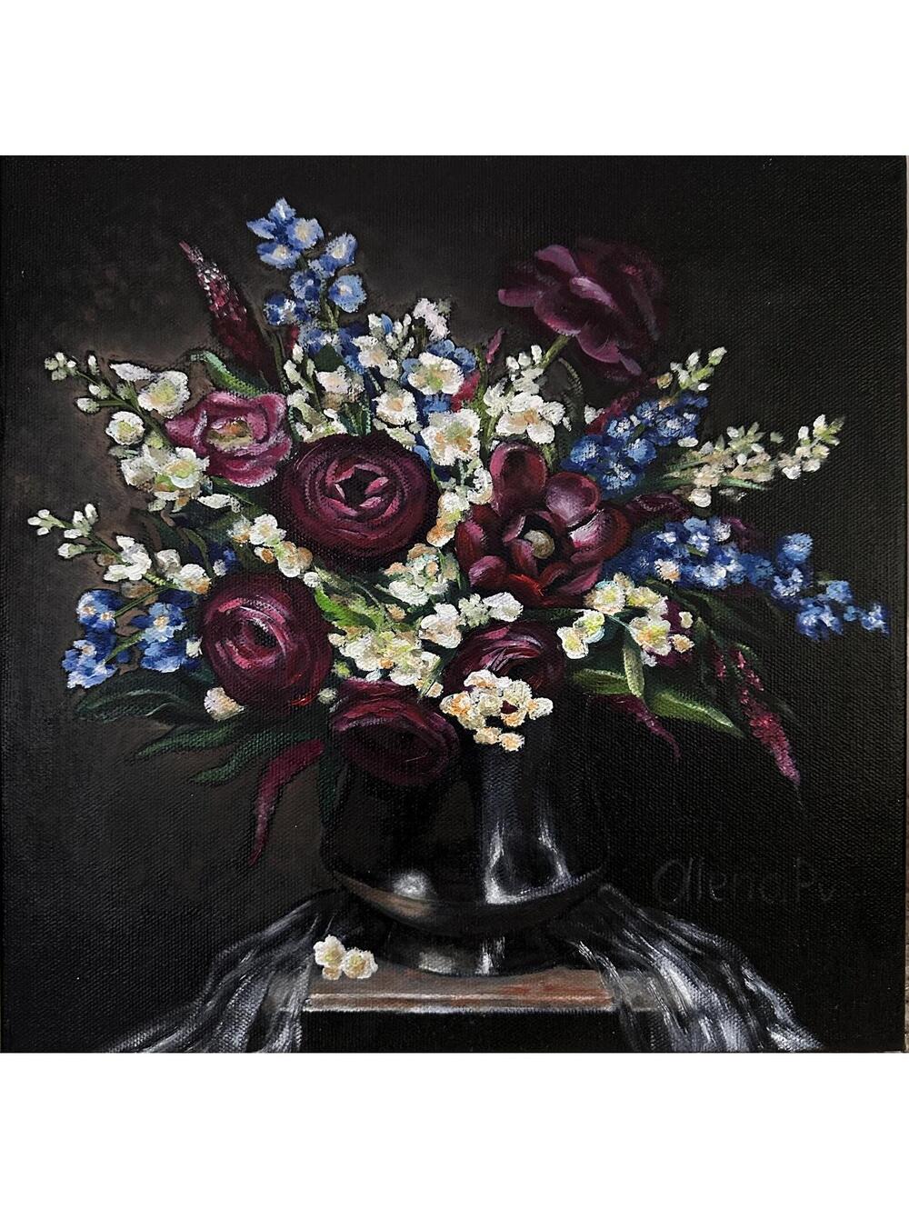Original 12x12 Oil Painting on Stretched Canvas, Gothic Flowers in Vase
